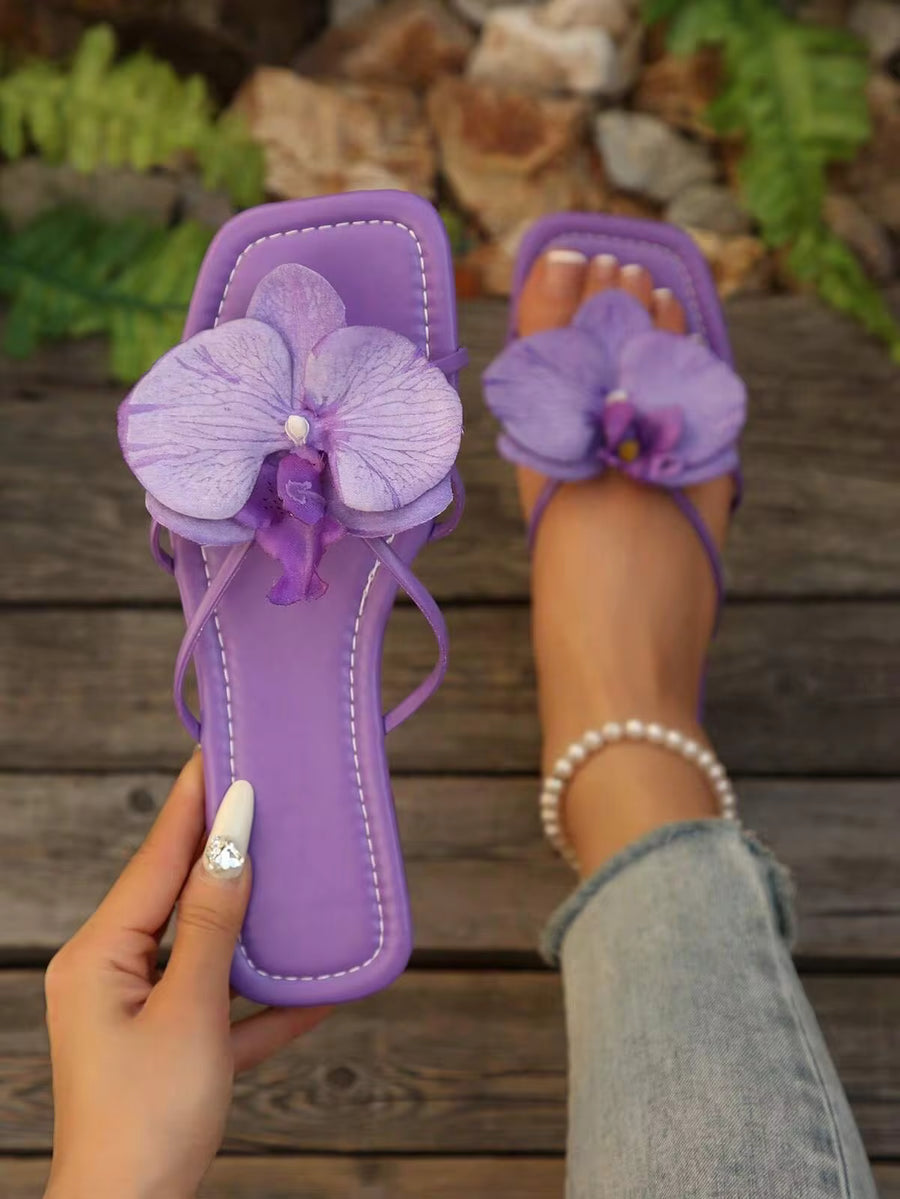 French Style Flat Floral One-Strap Slide Sandals For Women, Summer Outdoor Wear, New Fashion Fresh Gentle Style, Suitable For Dating, Banquet, Party, Commuting, Shopping, Gathering, Vacation, Beach