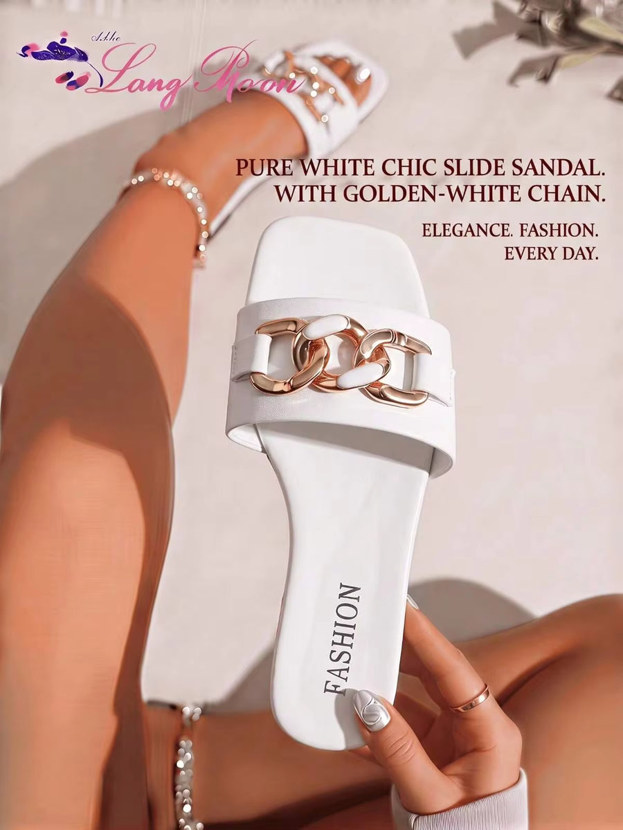 LangMoon Ashlee LangMoon 2026 Pure White Square Toe Rose Gold White Inlay Chain Flat Slide Sandals, Soft Sole Minimalist Luxury Style, All Seasons Daily Commute Elega